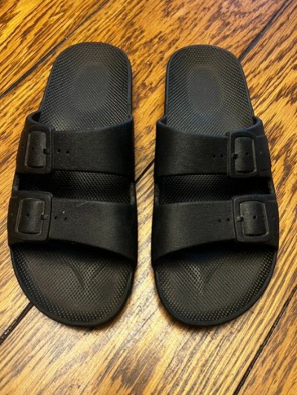 Women's MOSES Black Double-Strap Slide Sandals with Adjustable Buckles Size 7.5